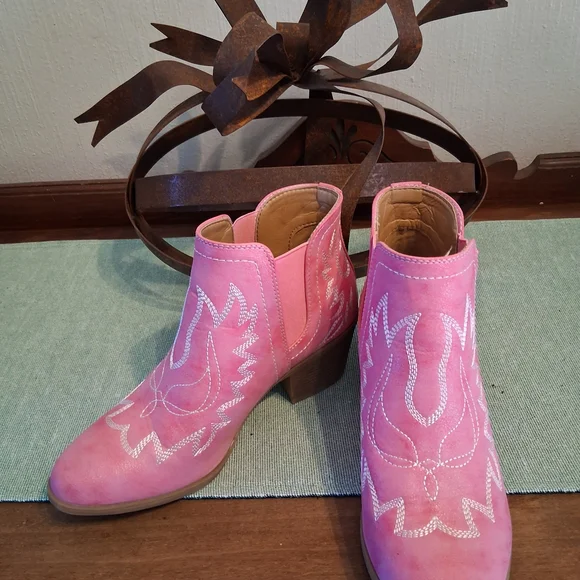 Pink Embroidered Ankle Boots - Picture 1 of 2